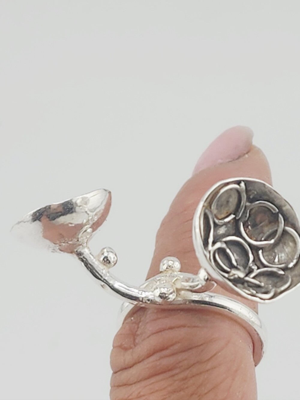 UNIQUE 2 FLOWER POT RING HANDMADE WITH STERLING SILVER AN A PEARL SIZE 8 - Picture 12 of 16